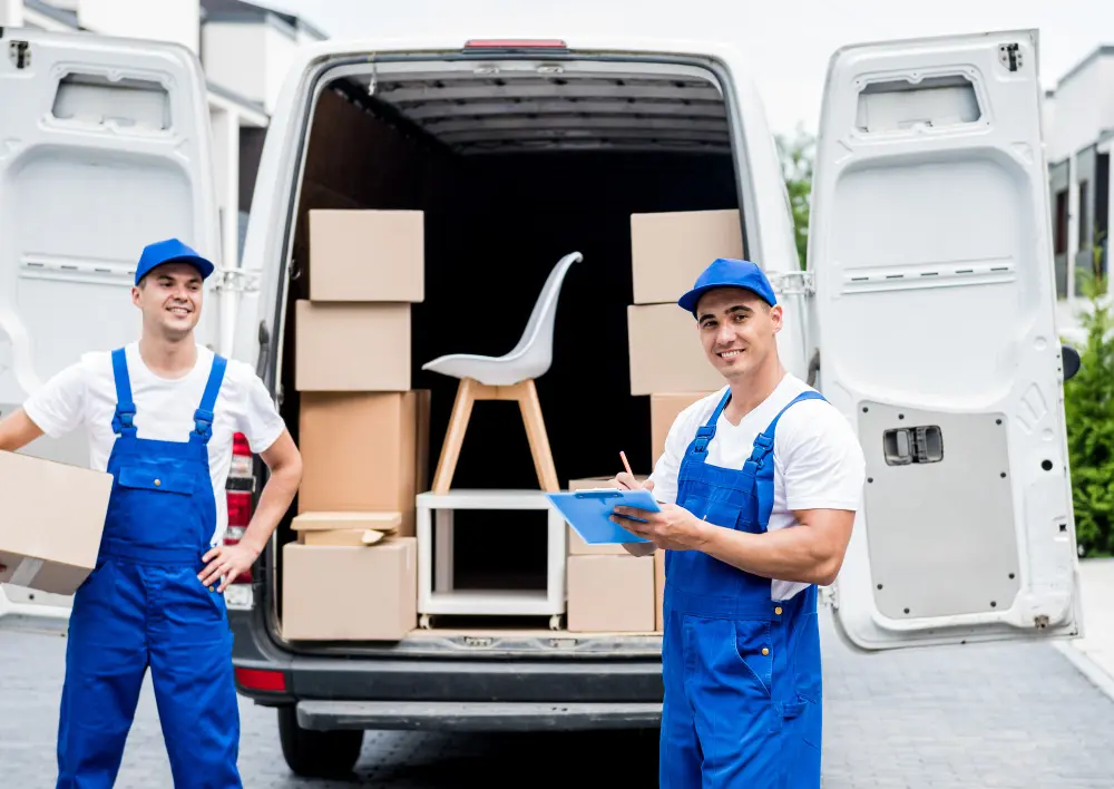 Zwei Umzugshelfer in blauer Uniform, einer trägt eine Umzugskiste, während der andere mit einem Klemmbrett vor einem Transporter mit Kartons und Möbeln steht.