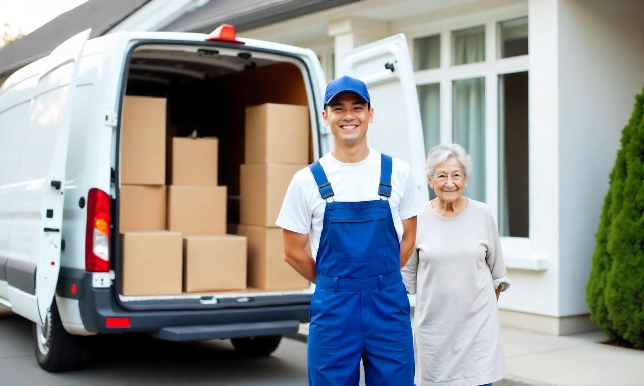 Ein Umzugshelfer in blauer Uniform unterstützt eine ältere Dame beim Umzug, vor einem Transporter mit gepackten Kartons stehend.